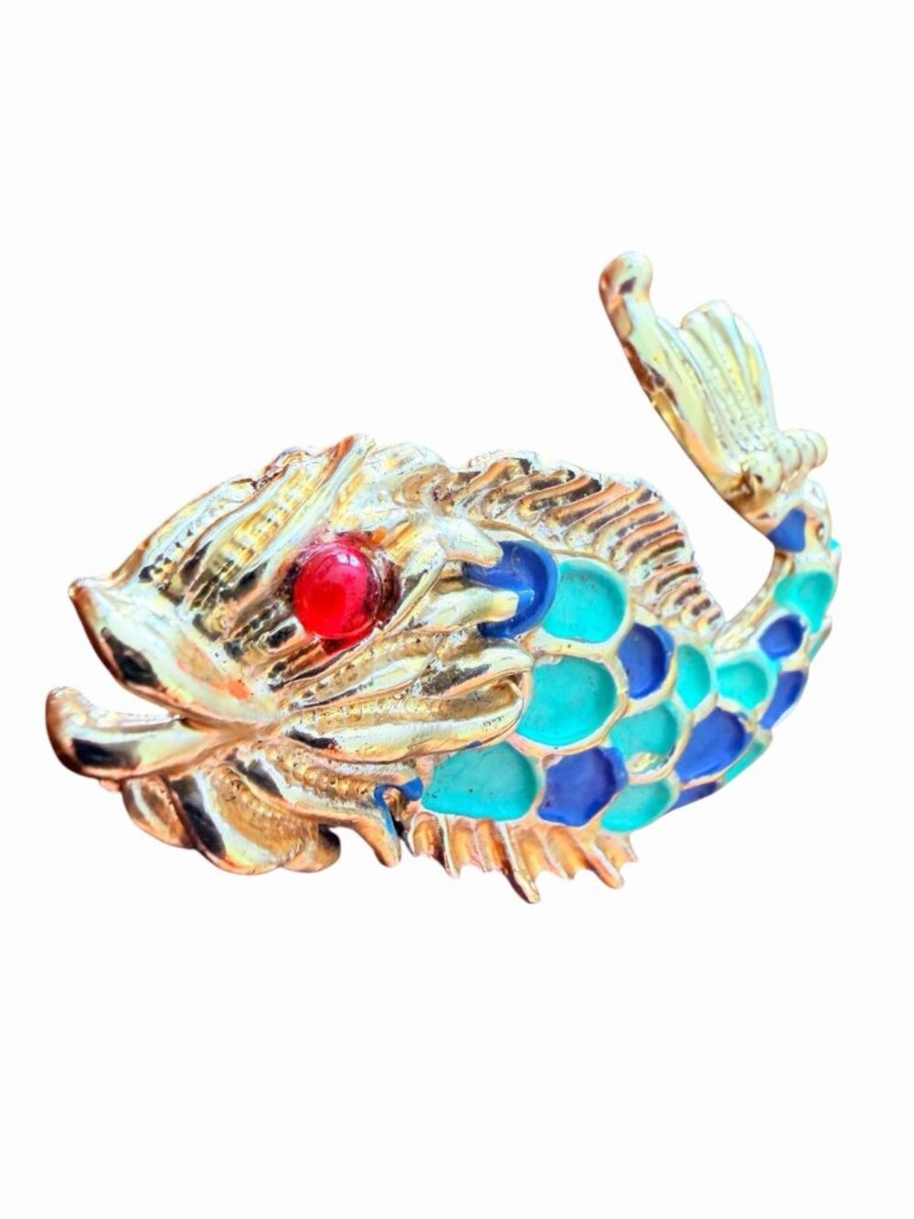 Vintage Enamel Fish Brooch Gold-Tone with Red Cabochon Eye Blue Color 2.2”